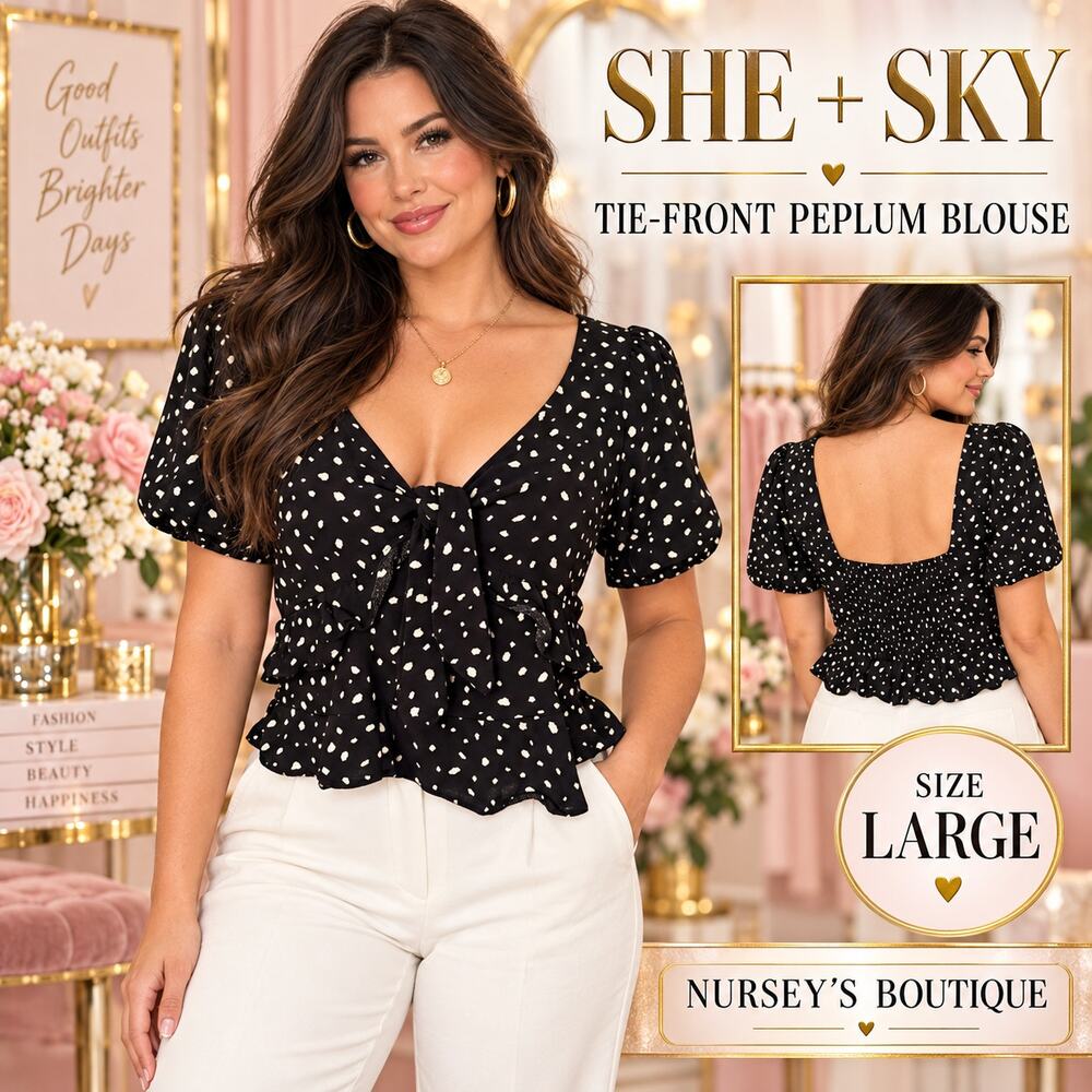 She + Sky Blouse Large Black White Tie Front Smocked Peplum Cottagecore